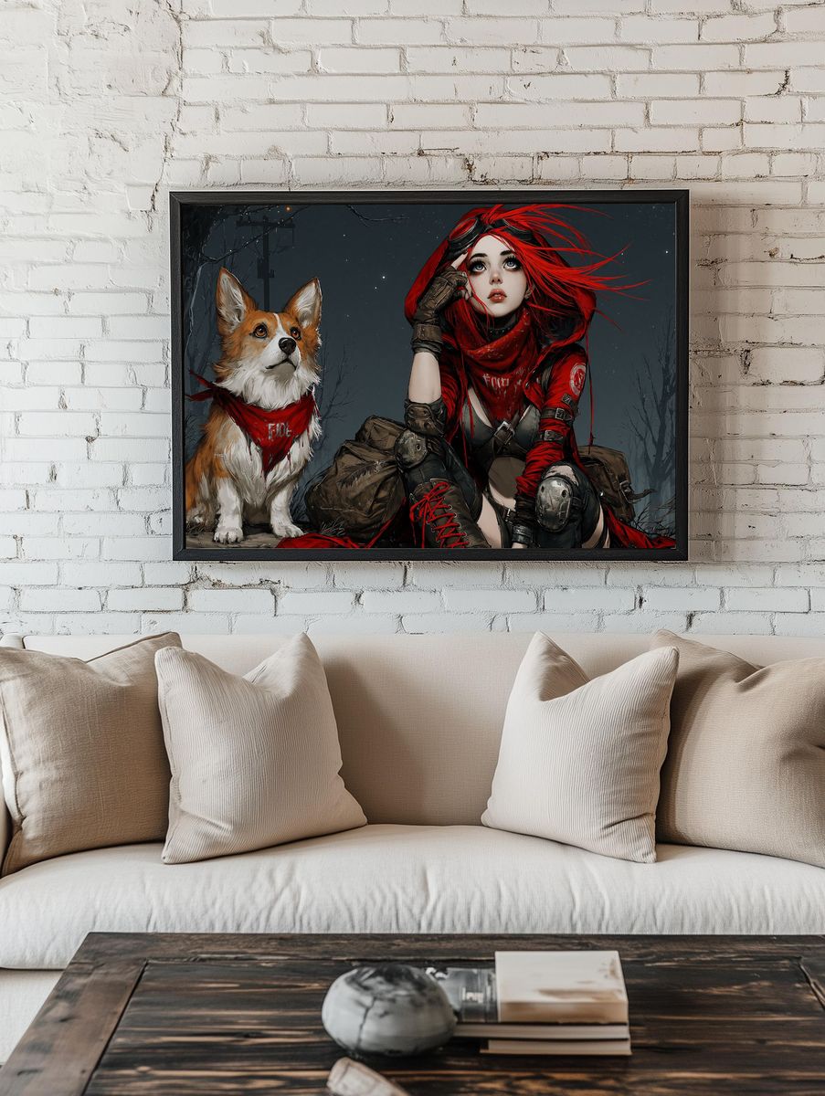 Red-Hooded Girl and Corgi Illustration Poster. — room view 1