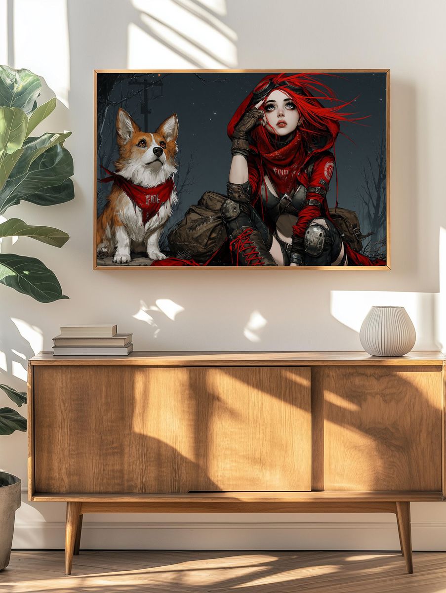 Red-Hooded Girl and Corgi Illustration Poster. — room view 3