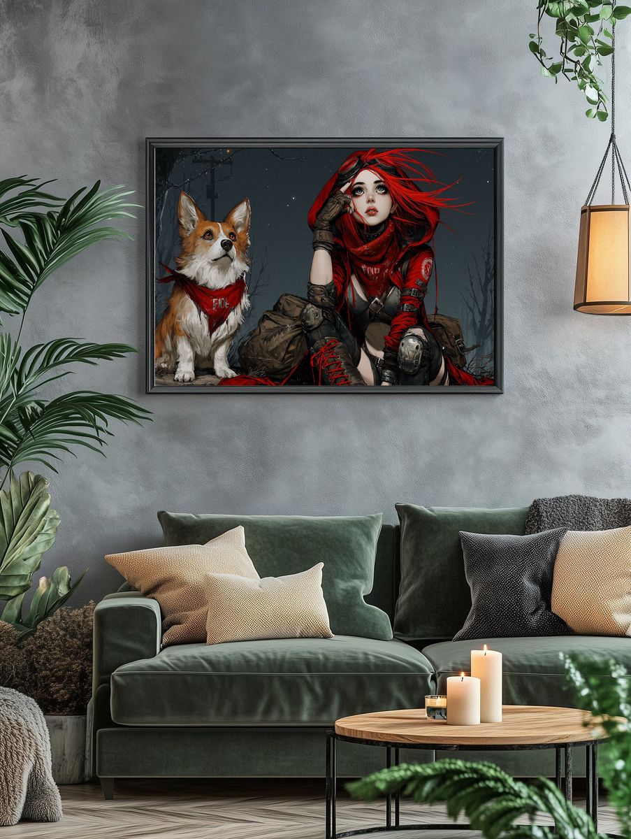 Red-Hooded Girl and Corgi Illustration Poster. — room view 4