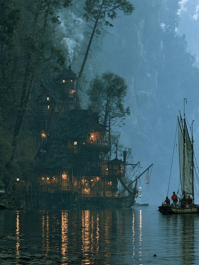 Misty Cliffside Harbor Illustration Poster. poster — illustration art
