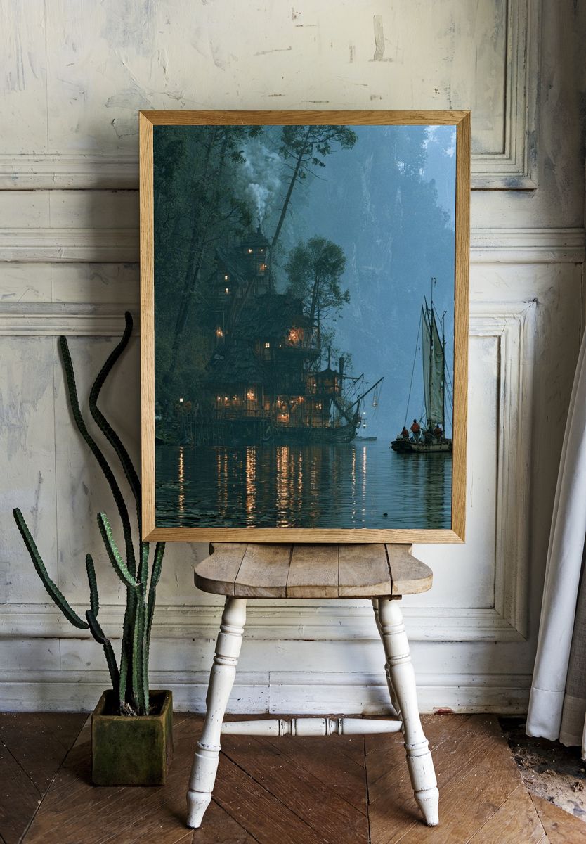 Misty Cliffside Harbor Illustration Poster. room preview