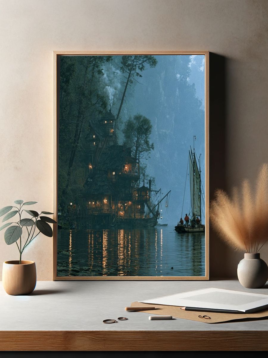 Misty Cliffside Harbor Illustration Poster. — room view 2