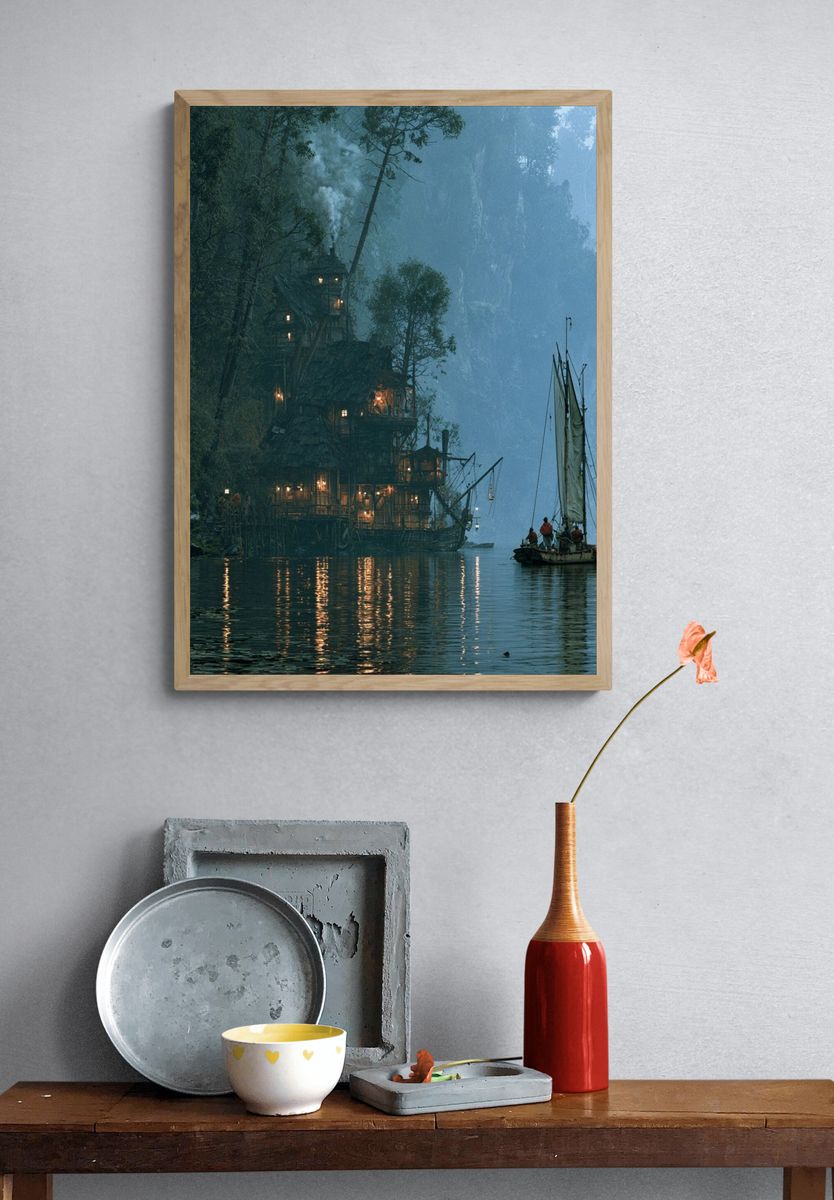 Misty Cliffside Harbor Illustration Poster. — room view 3