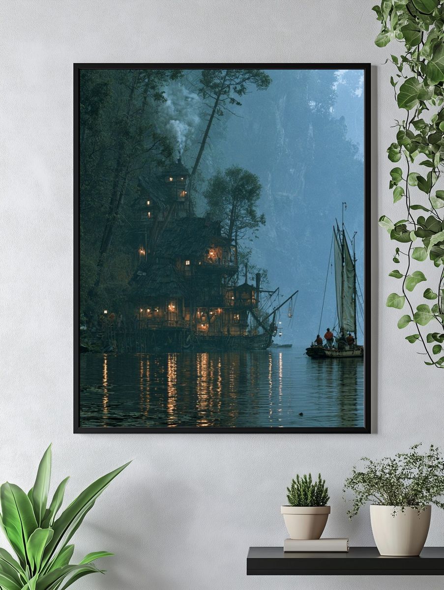 Misty Cliffside Harbor Illustration Poster. — room view 4