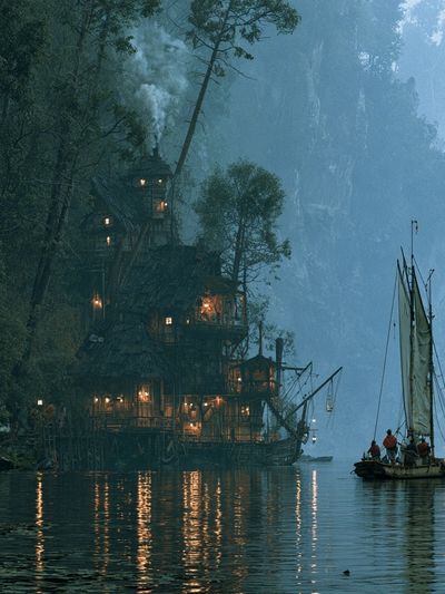 Misty Cliffside Harbor Illustration Poster. poster