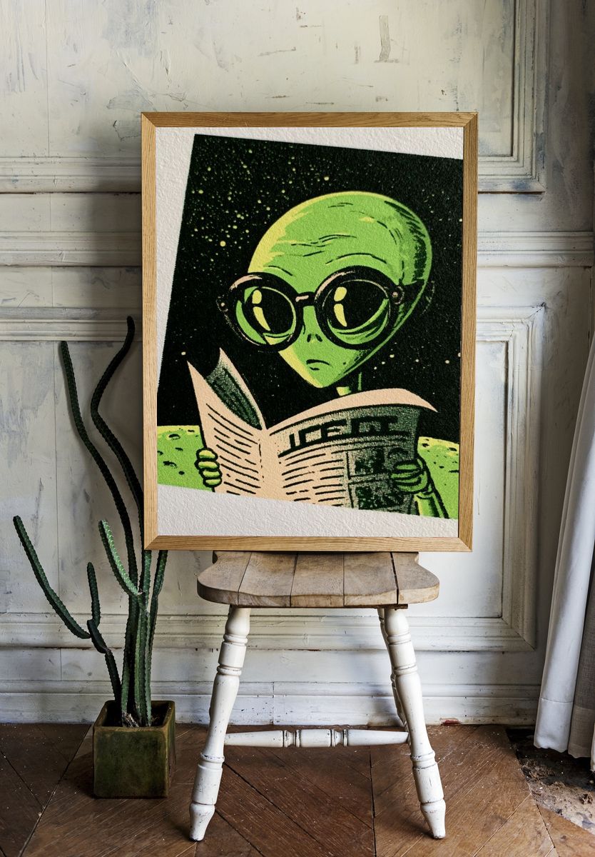 Reading Alien Illustration Poster. room preview