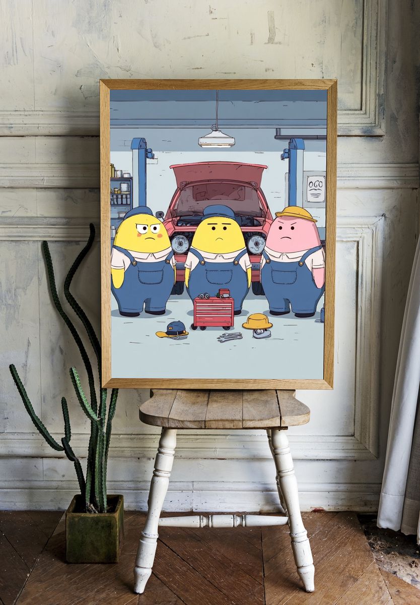 Cartoon Mechanics Garage Poster. room preview