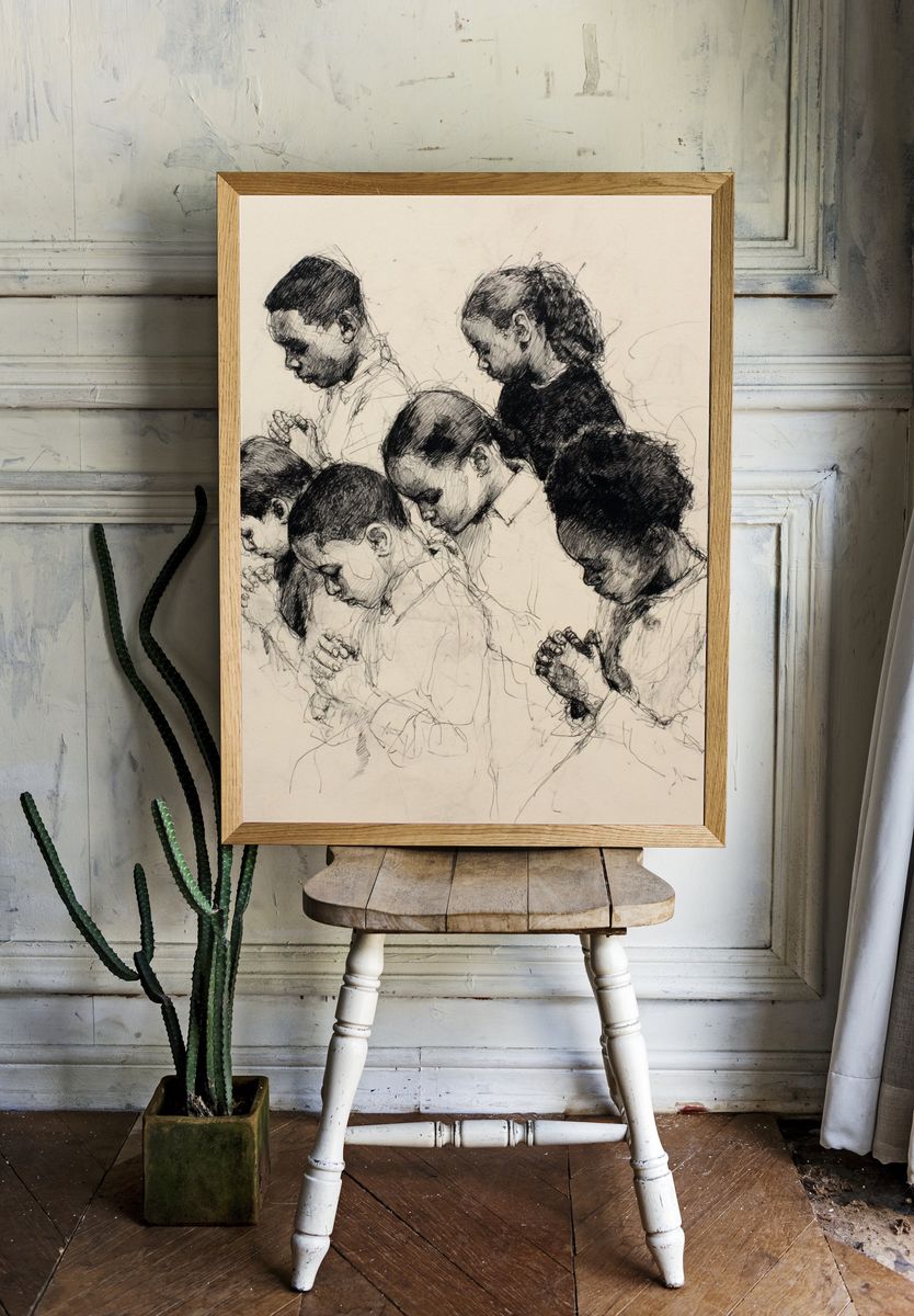 Praying Children Ink Sketch Poster. room preview
