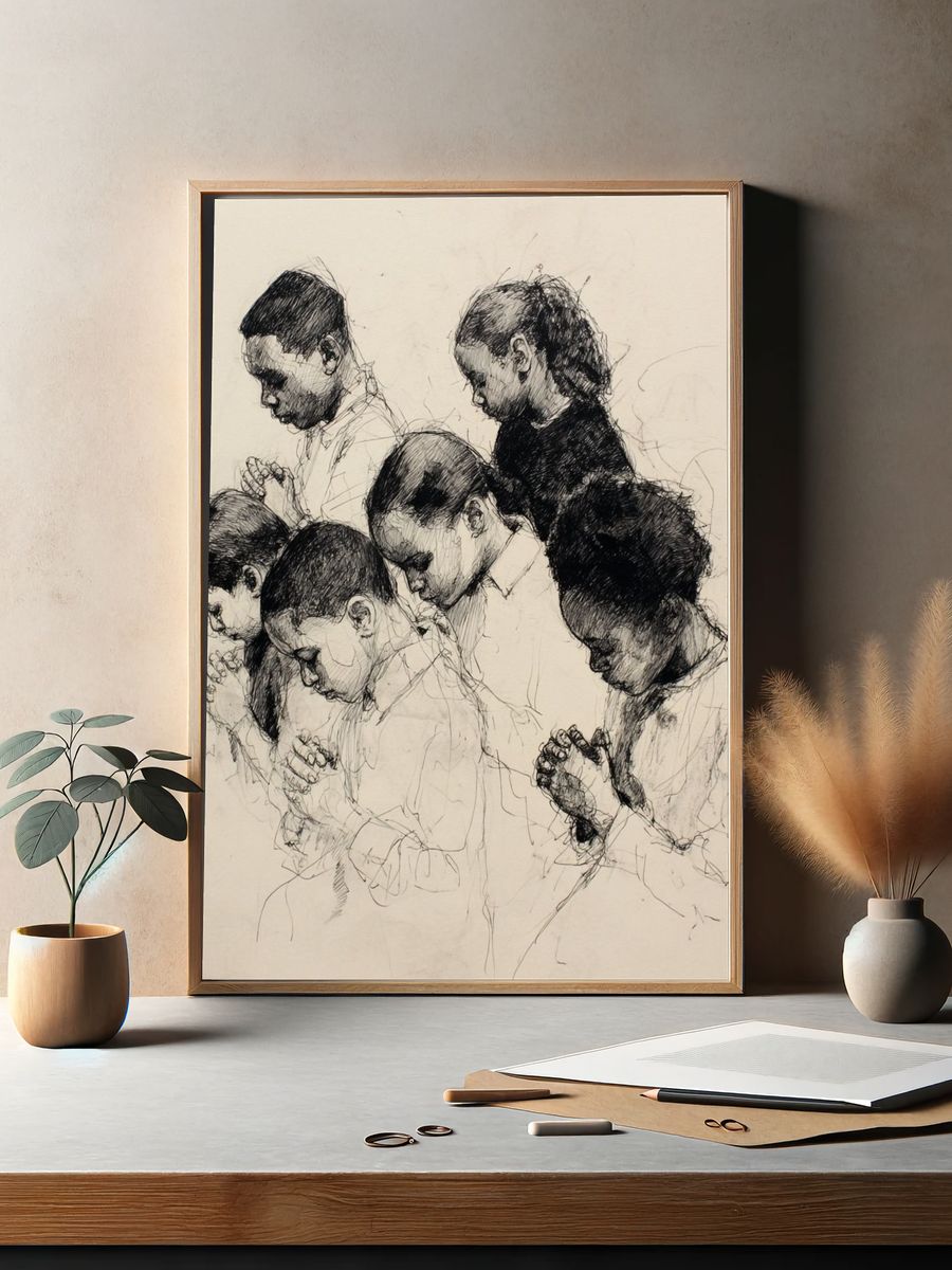 Praying Children Ink Sketch Poster. — room view 2