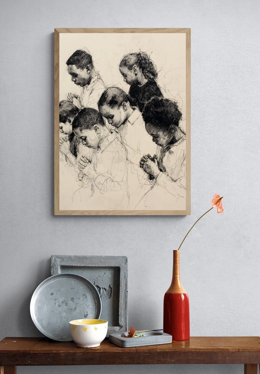 Praying Children Ink Sketch Poster. — room view 3
