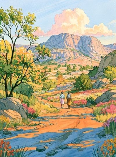 Sunlit Mountain Valley Illustration Poster.