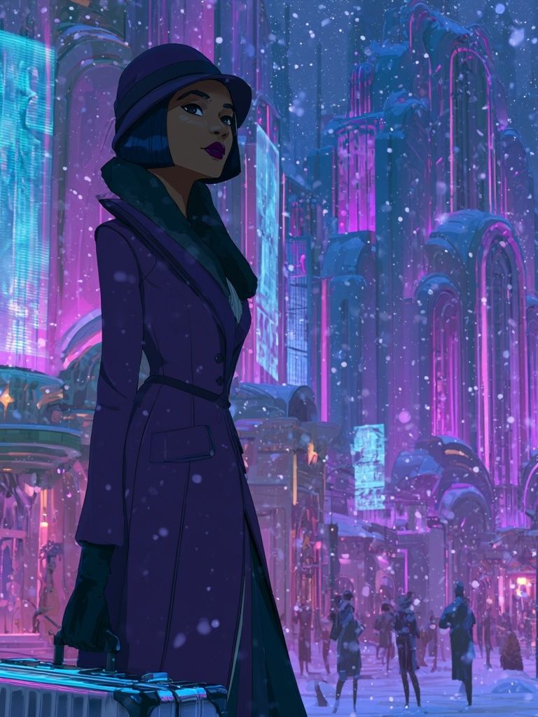Neon Winter City Woman Illustration Poster. poster — illustration art