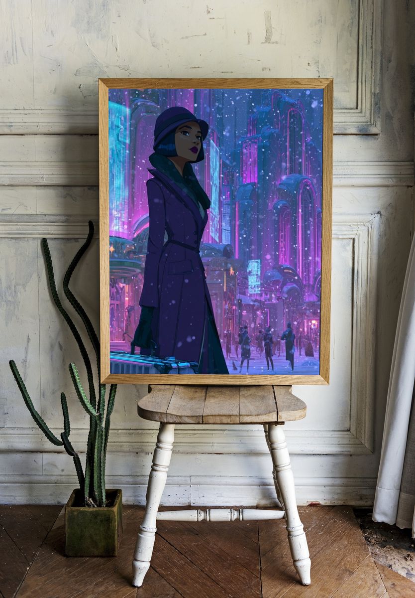 Neon Winter City Woman Illustration Poster. room preview
