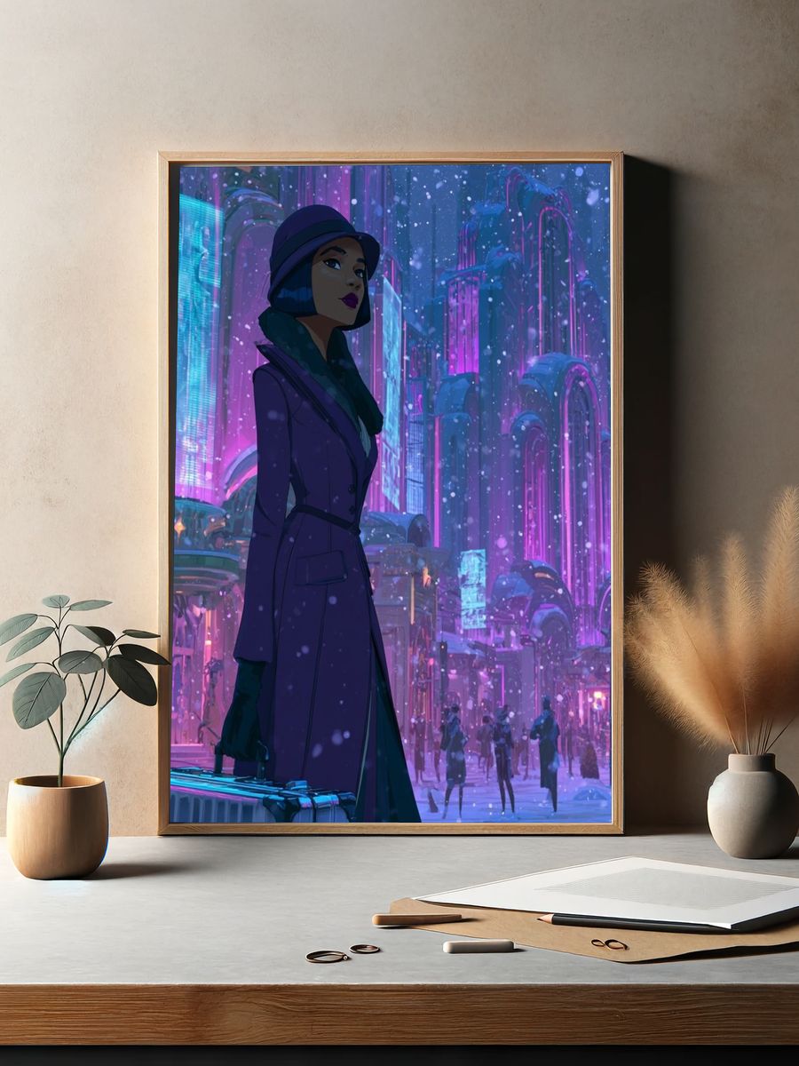Neon Winter City Woman Illustration Poster. — room view 2
