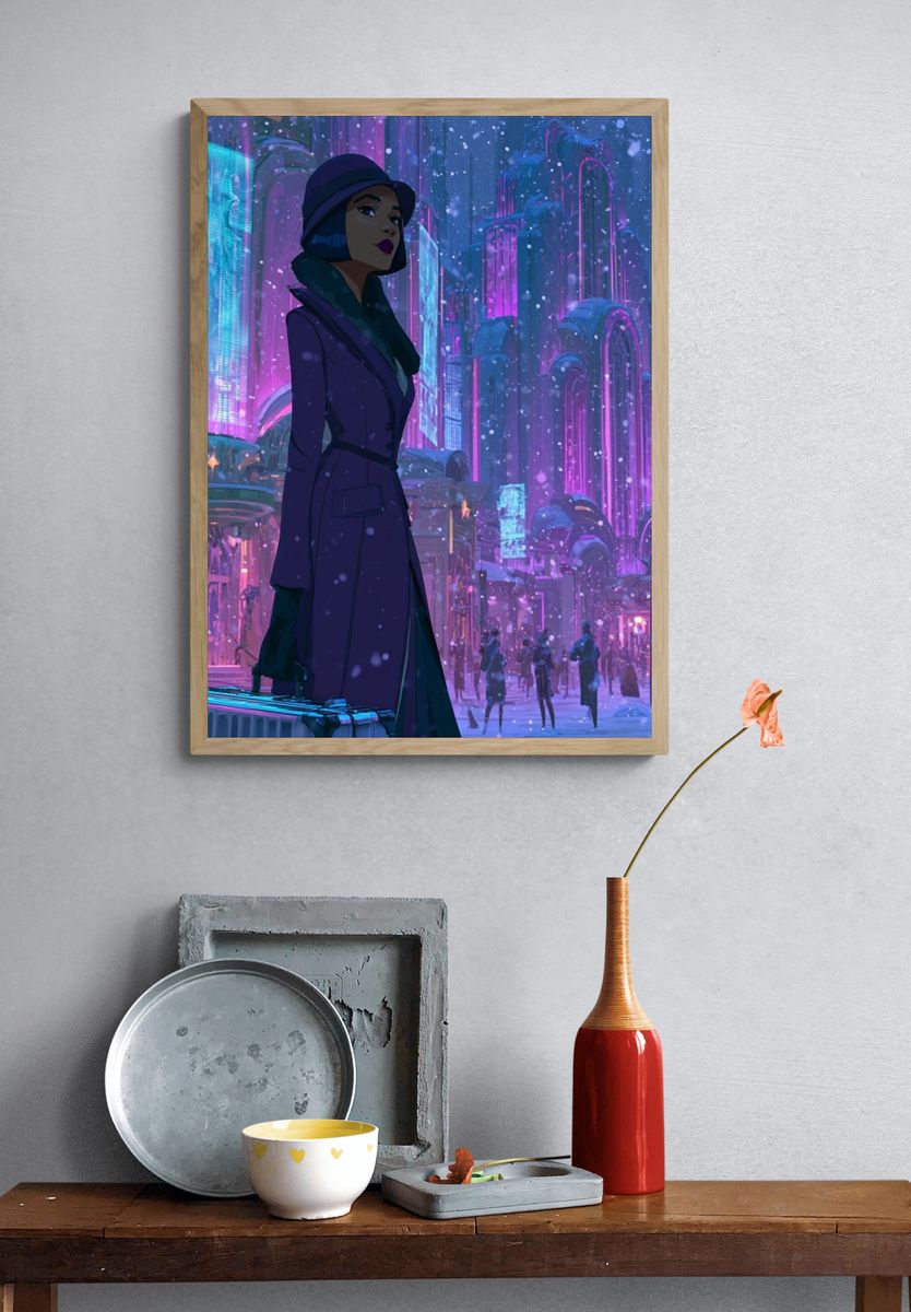 Neon Winter City Woman Illustration Poster. — room view 3
