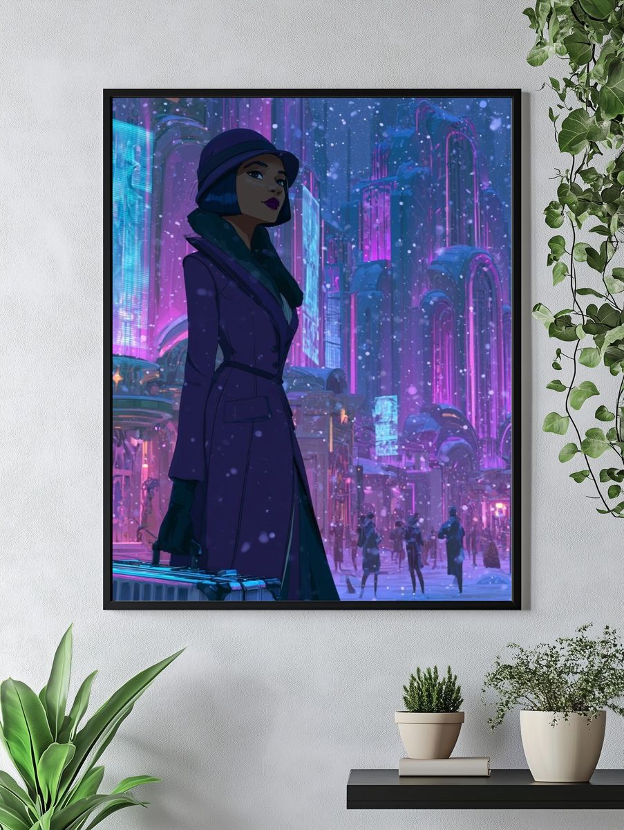 Neon Winter City Woman Illustration Poster. — room view 4