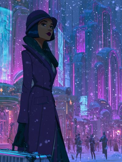 Neon Winter City Woman Illustration Poster.