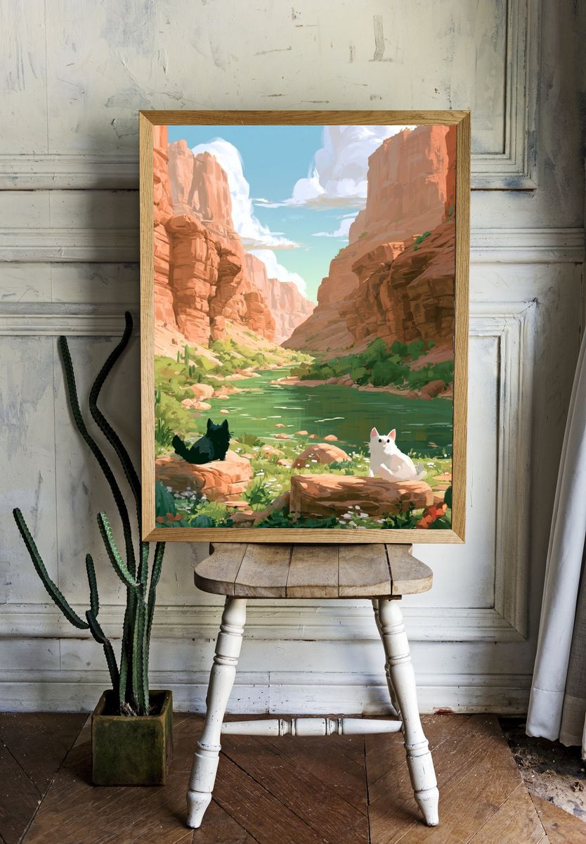 Cats in Desert Canyon Illustration Poster. — room view 1