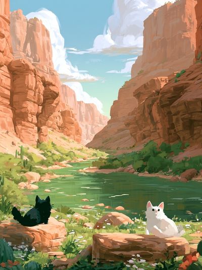 Cats in Desert Canyon Illustration Poster. poster