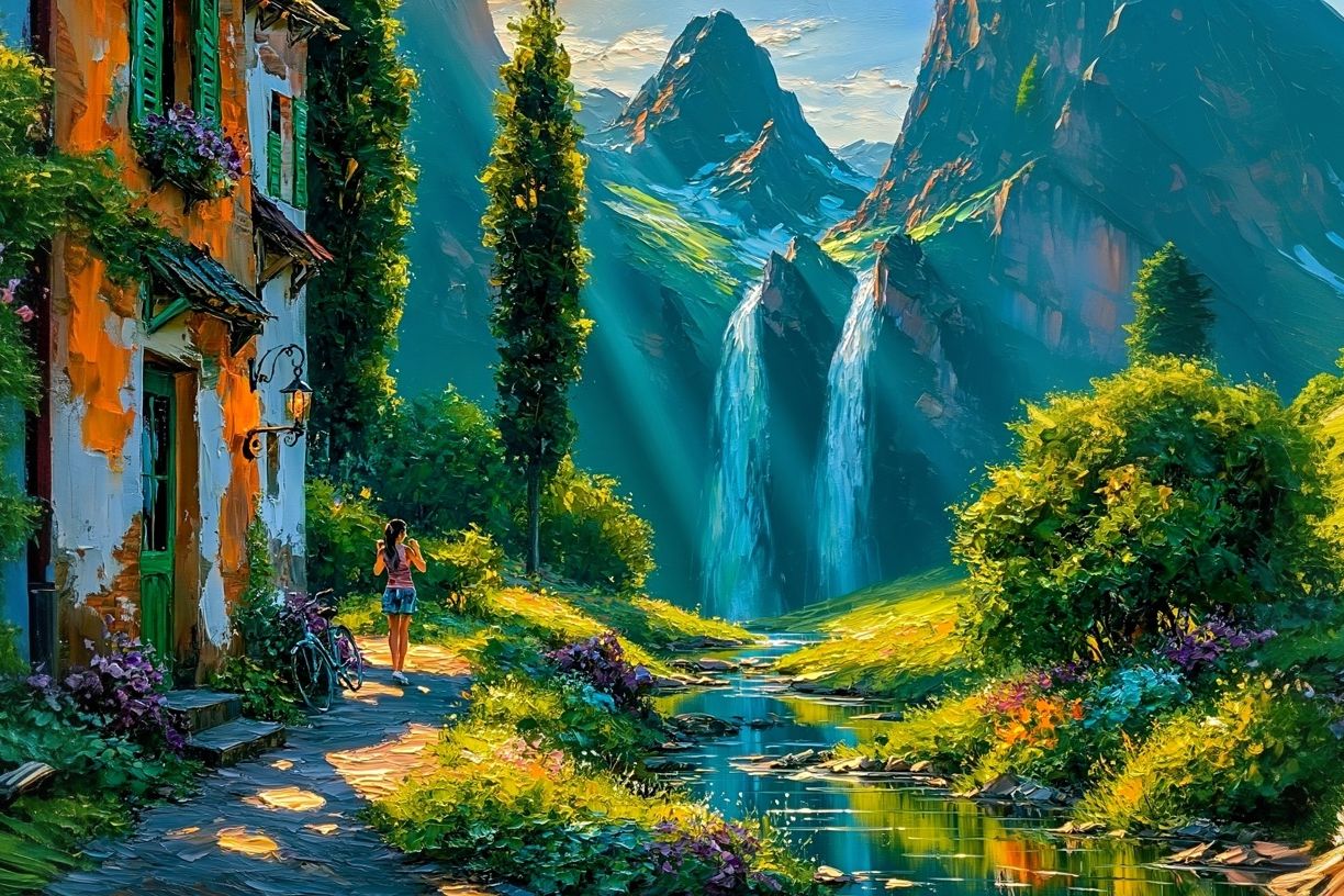 Mountain Village Waterfall Illustration Poster. poster detail
