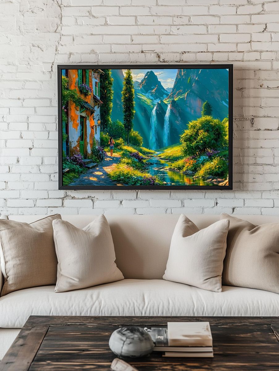 Mountain Village Waterfall Illustration Poster. room preview