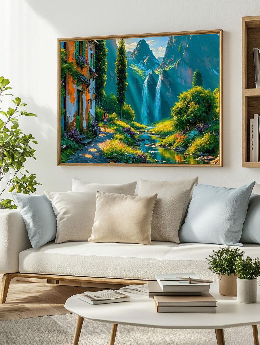 Mountain Village Waterfall Illustration Poster. — room view 2