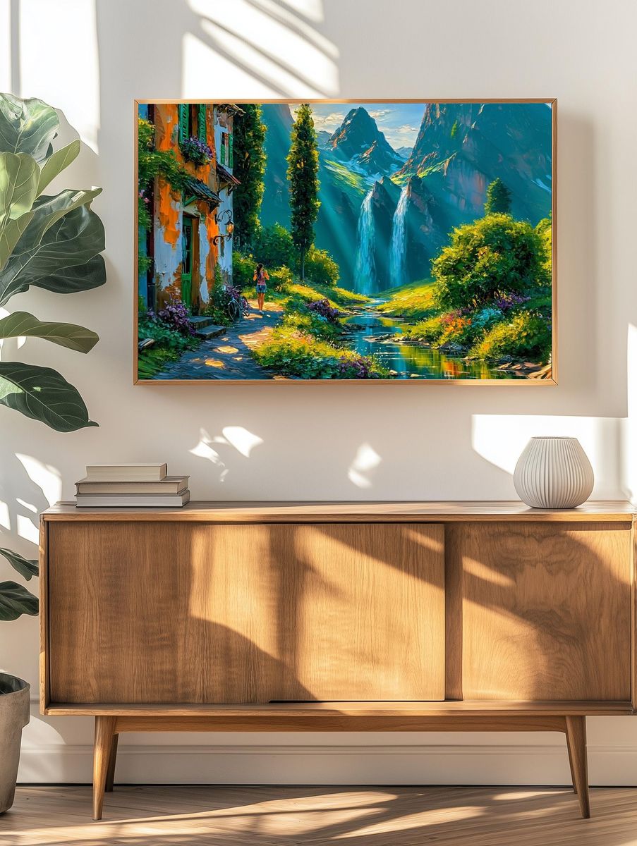 Mountain Village Waterfall Illustration Poster. — room view 3