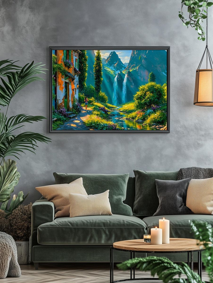 Mountain Village Waterfall Illustration Poster. — room view 4