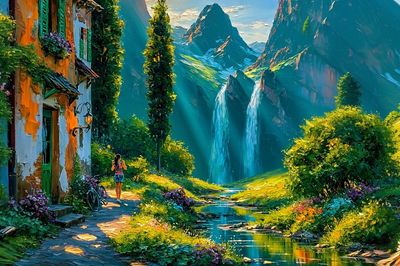Mountain Village Waterfall Illustration Poster.