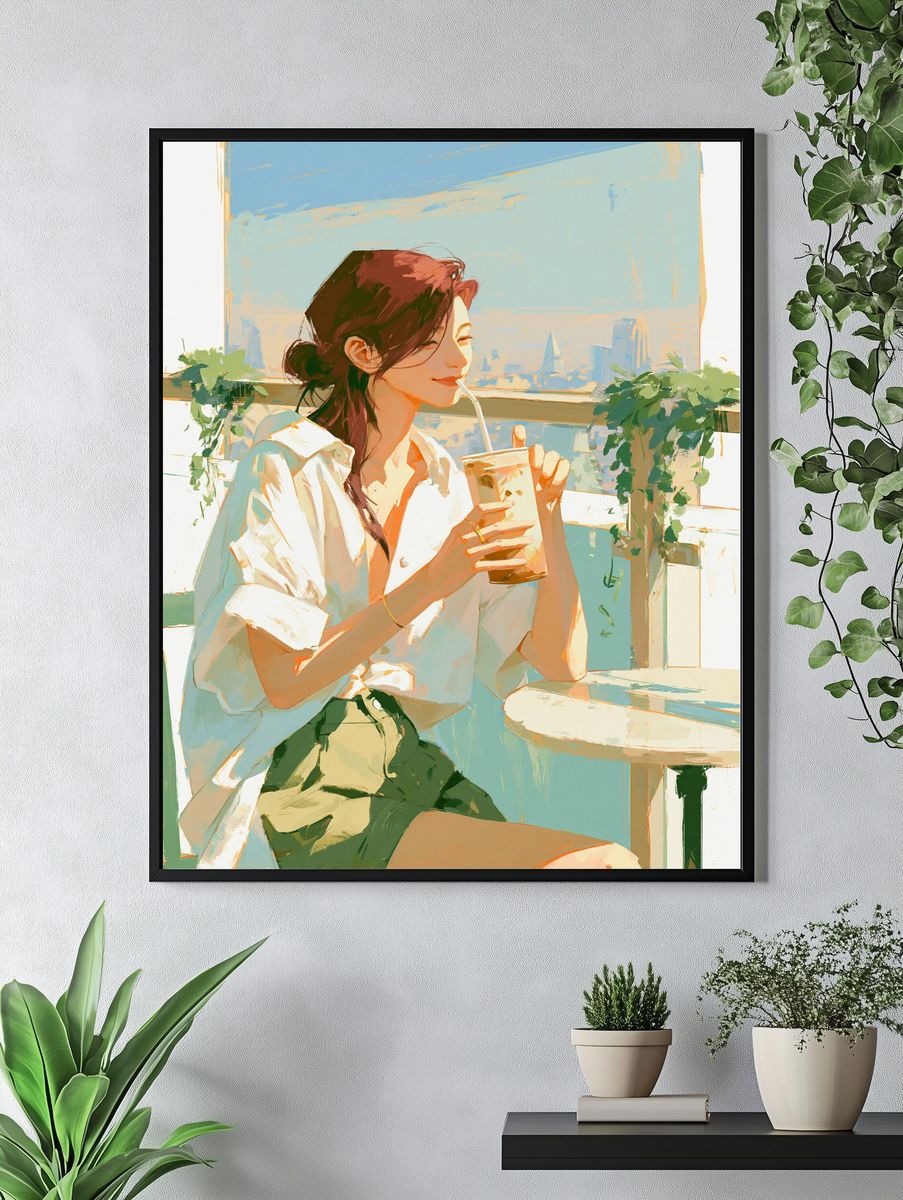 Sunlit Café Girl Illustration Print. — room view 4