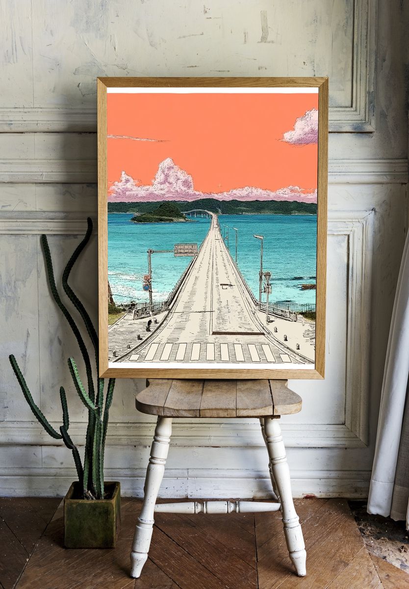 Ocean Bridge Sunset Illustration Poster. room preview