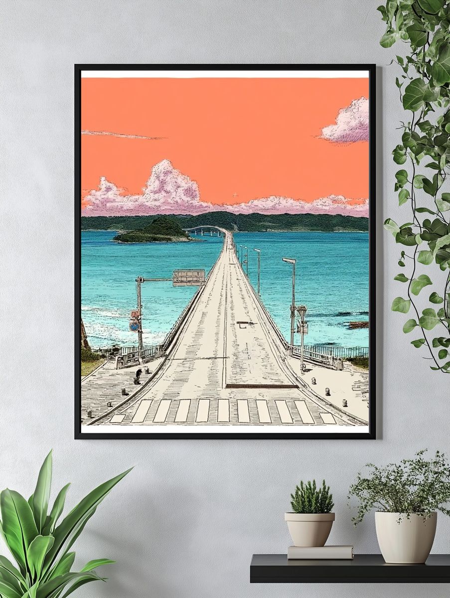 Ocean Bridge Sunset Illustration Poster. — room view 4