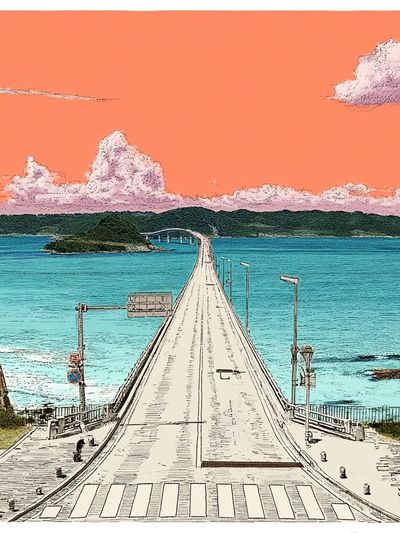 Ocean Bridge Sunset Illustration Poster.