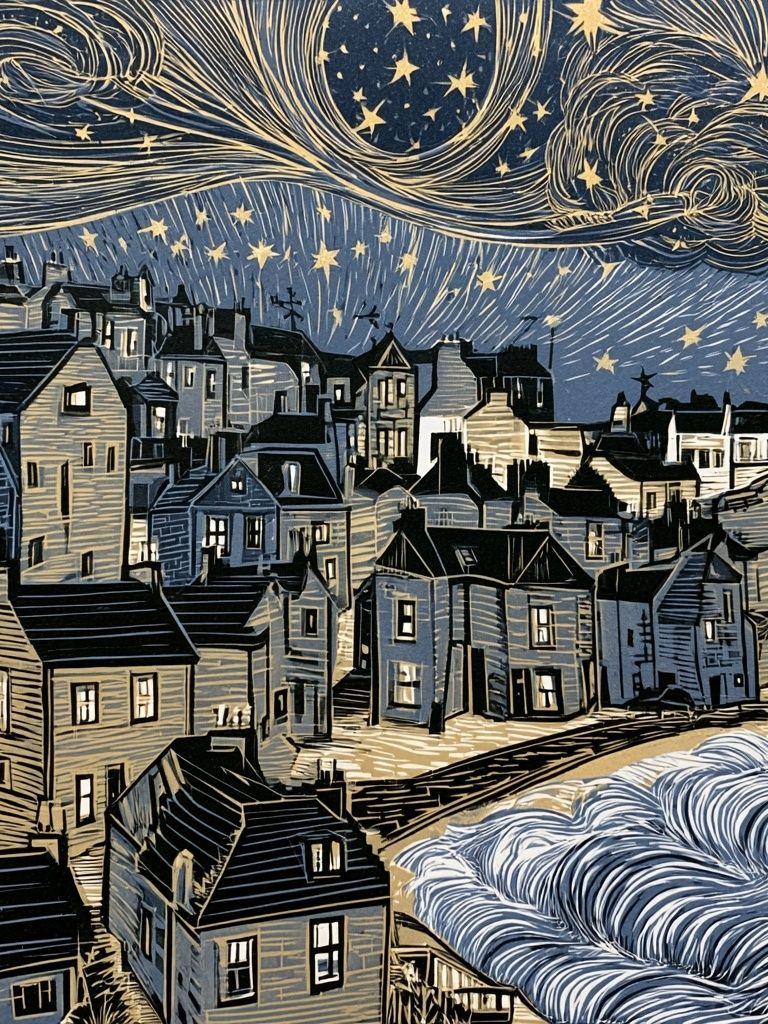 Starry Coastal Village Illustration Poster. poster — illustration art