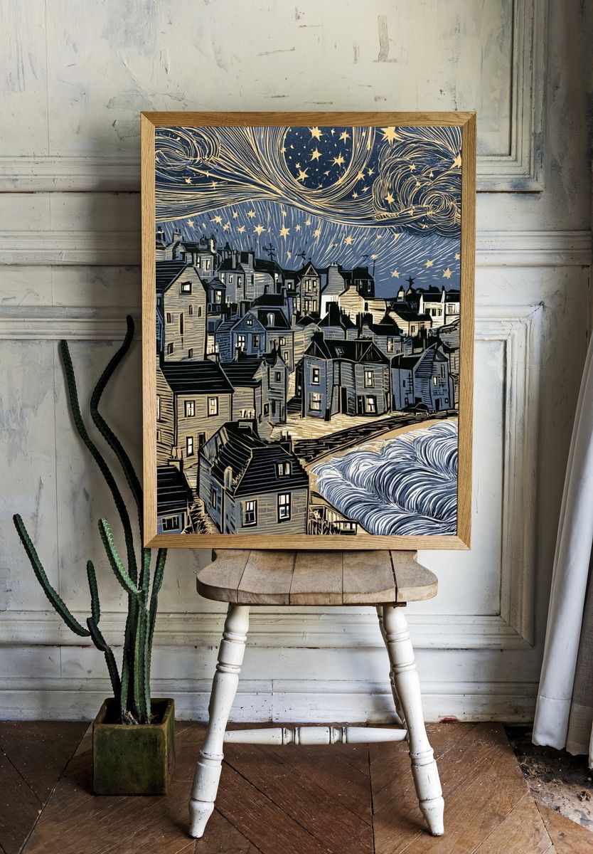 Starry Coastal Village Illustration Poster. room preview