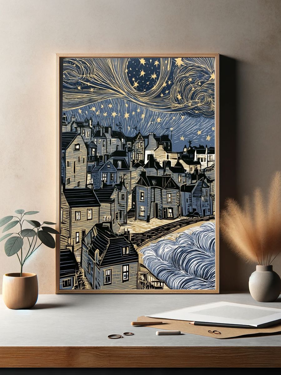 Starry Coastal Village Illustration Poster. — room view 2