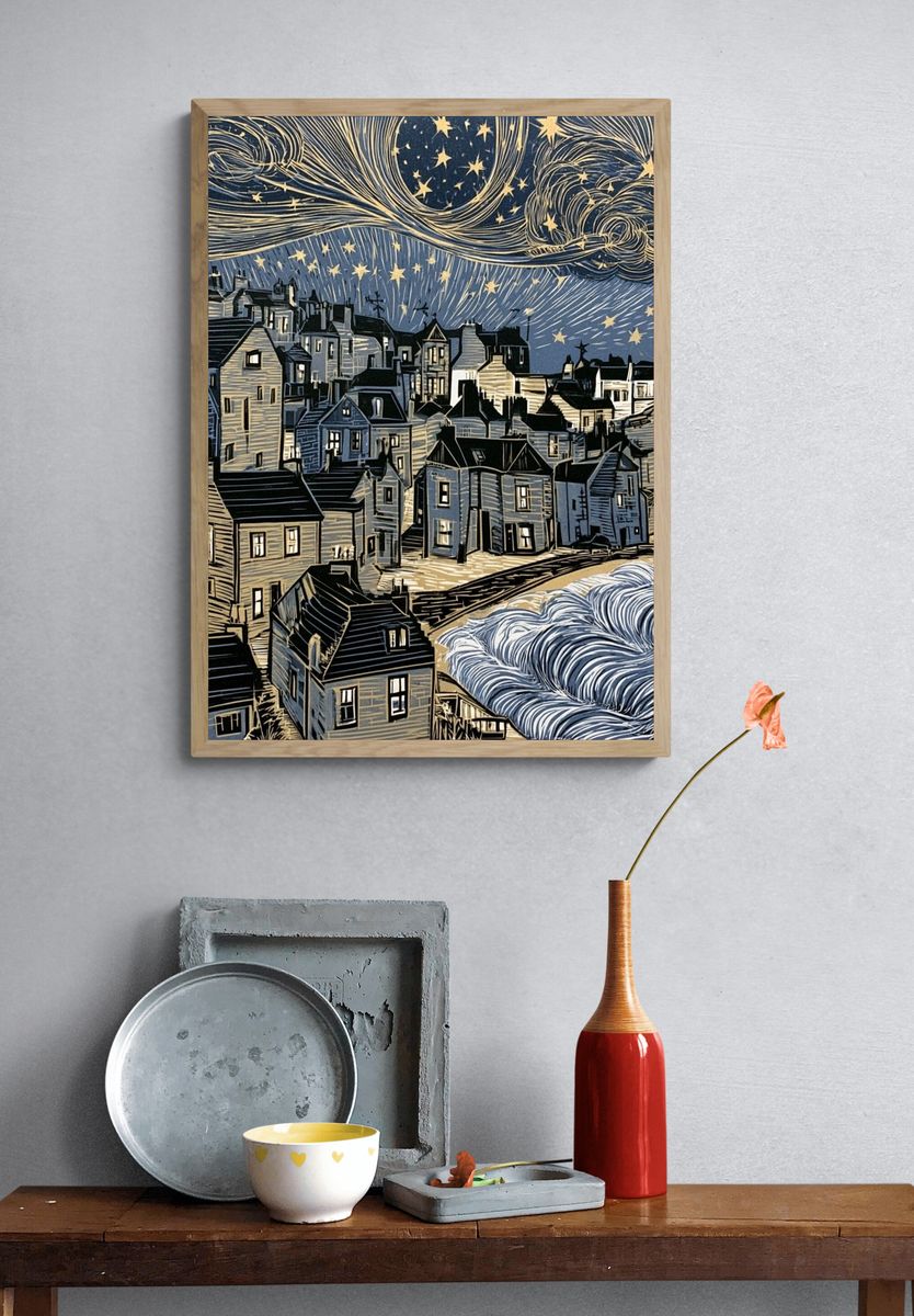 Starry Coastal Village Illustration Poster. — room view 3