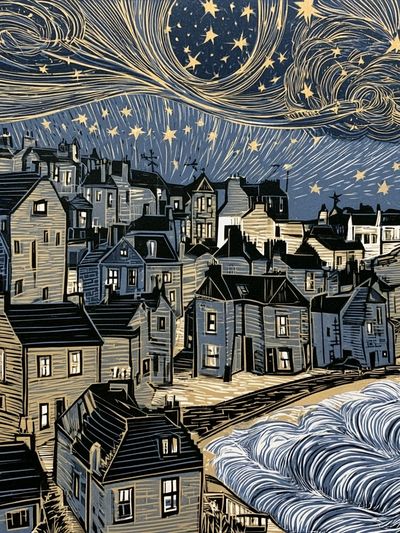 Starry Coastal Village Illustration Poster.