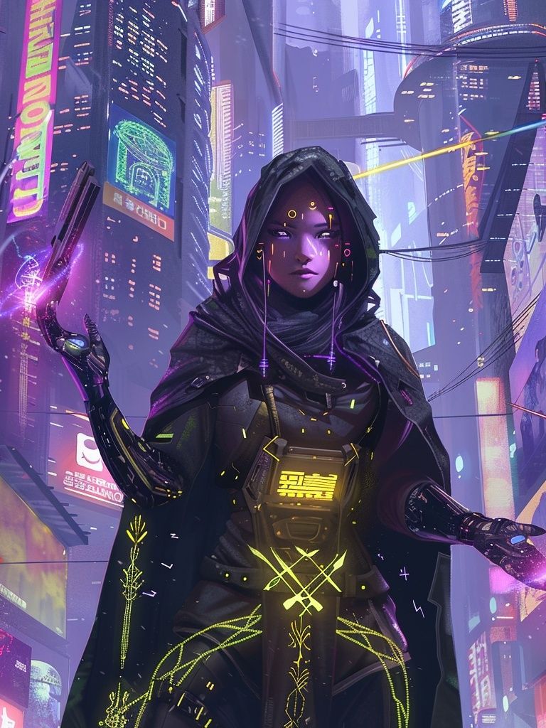 Cyberpunk Hooded Sorceress Poster. poster — illustration art