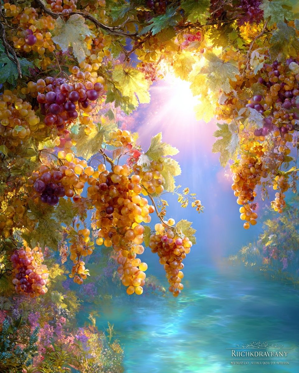 Sunlit Grape Vineyard Fantasy Print. poster — illustration art