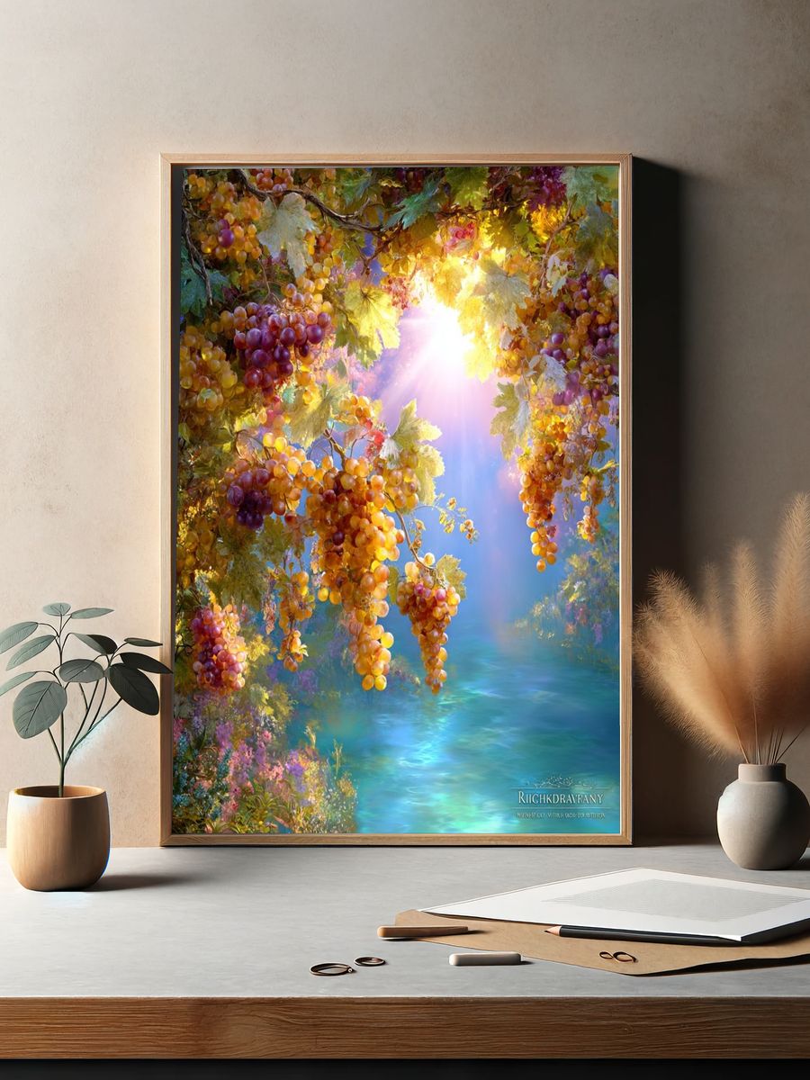 Sunlit Grape Vineyard Fantasy Print. — room view 2