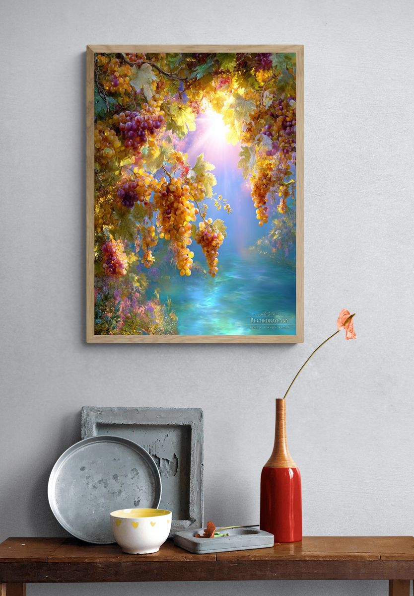 Sunlit Grape Vineyard Fantasy Print. — room view 3