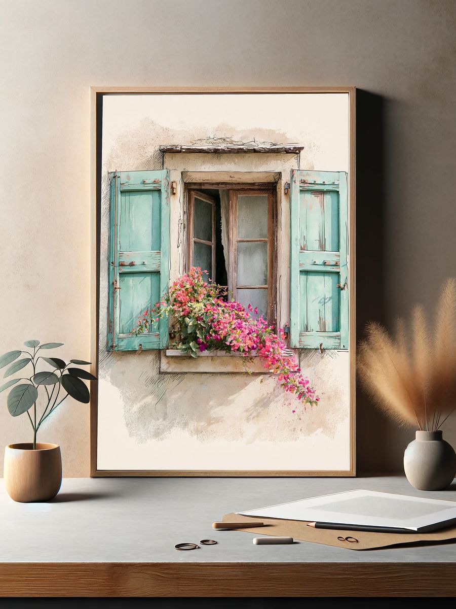 Mediterranean Window Flowers Print. — room view 2