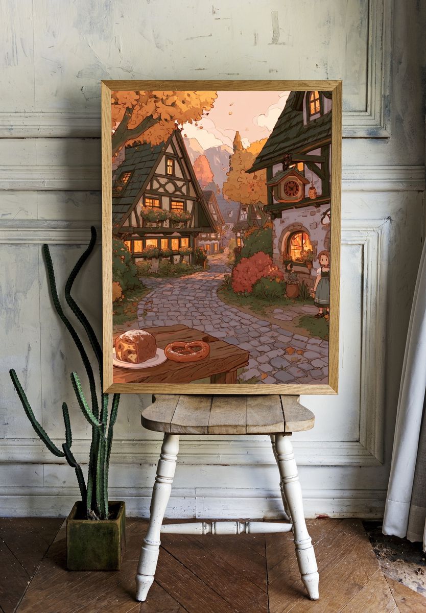 Cozy Village Bakery Illustration Poster. — room view 1