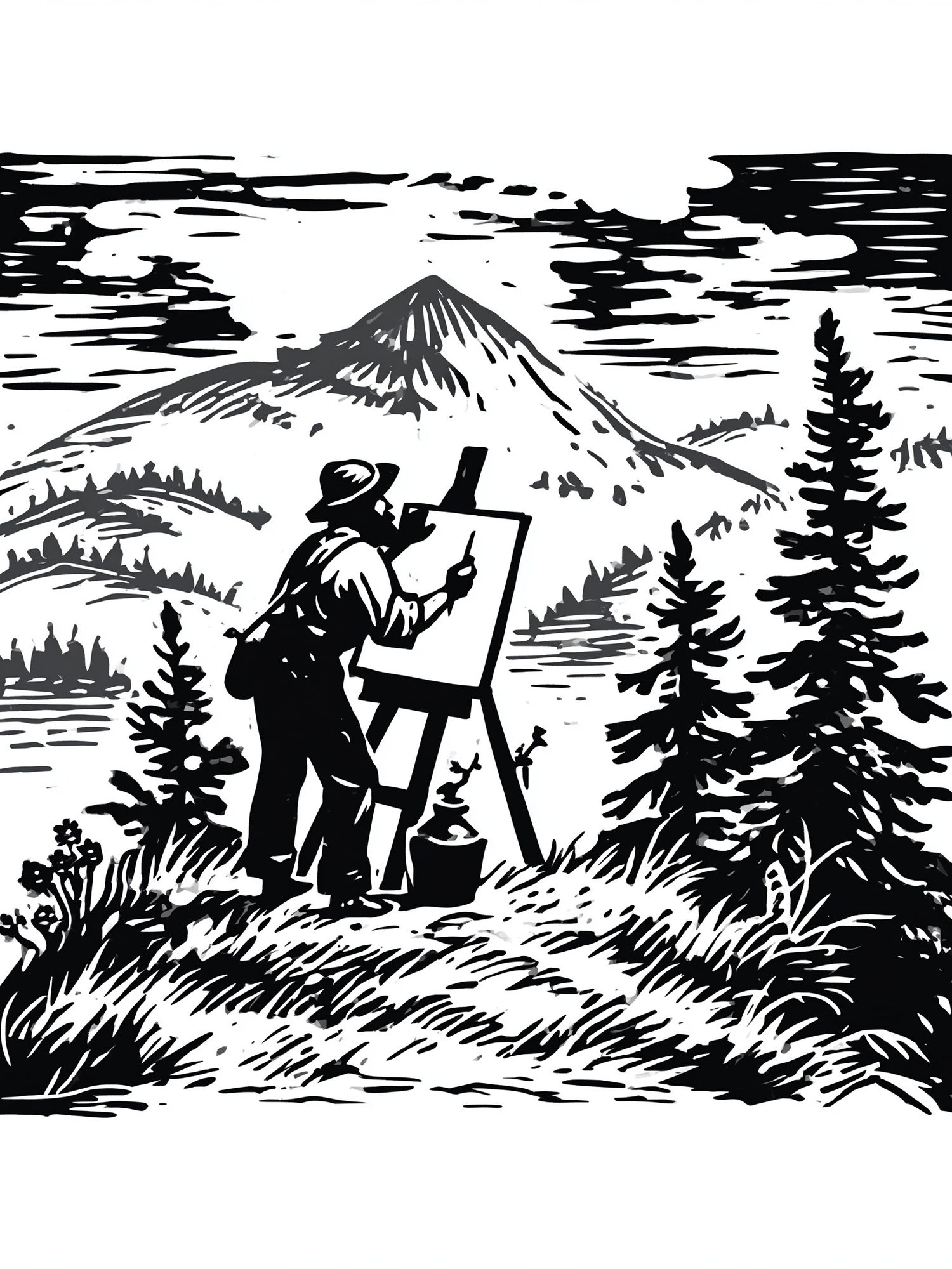 Mountain Painter Black-White Print. poster — illustration art