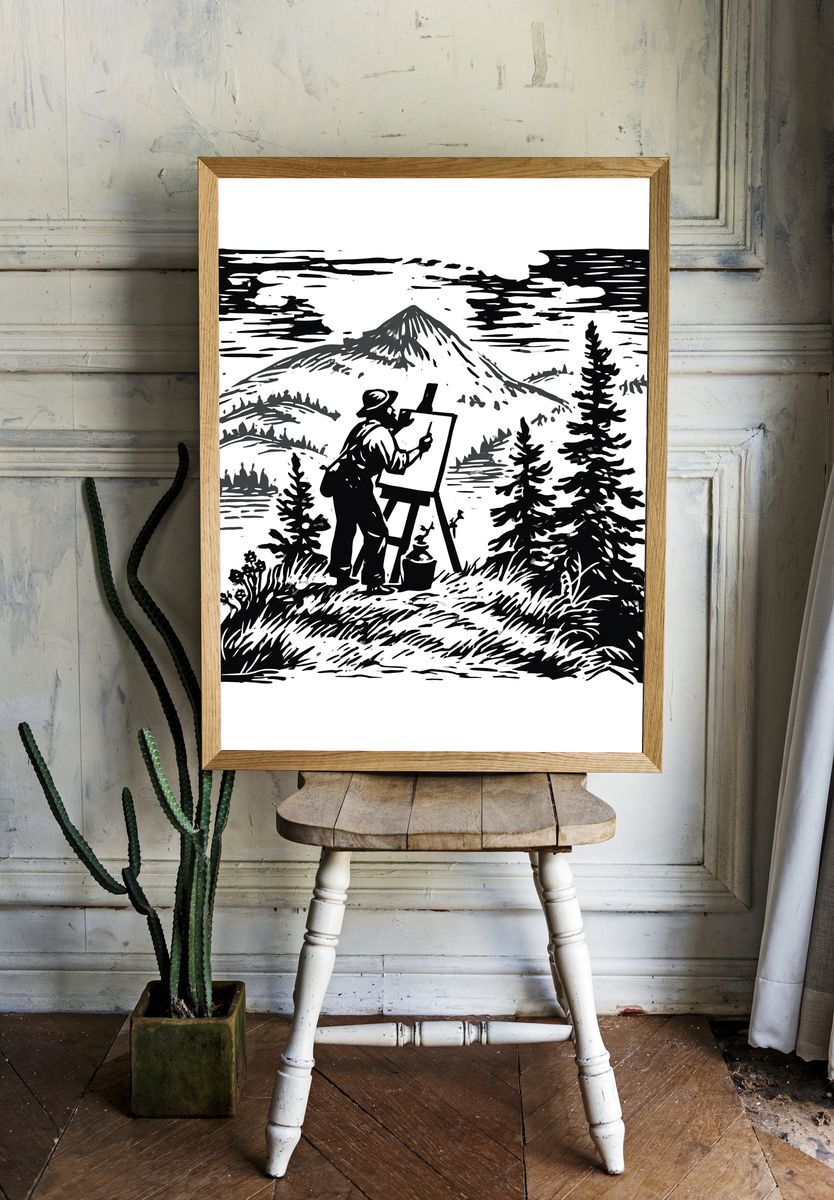 Mountain Painter Black-White Print. room preview