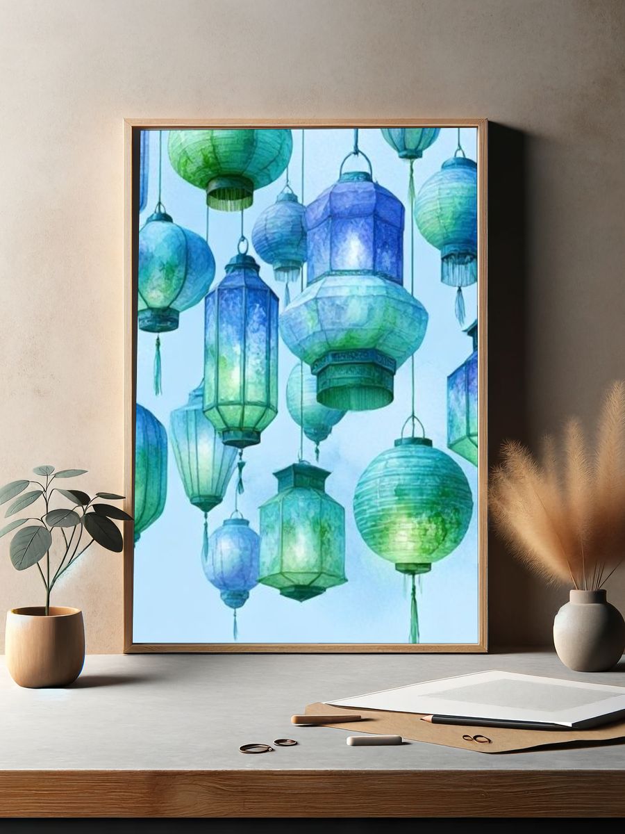 Hanging Lanterns Watercolor Print. — room view 2
