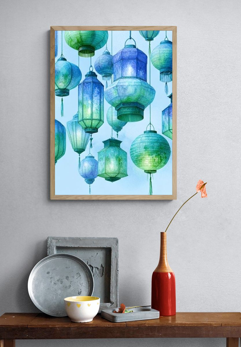 Hanging Lanterns Watercolor Print. — room view 3