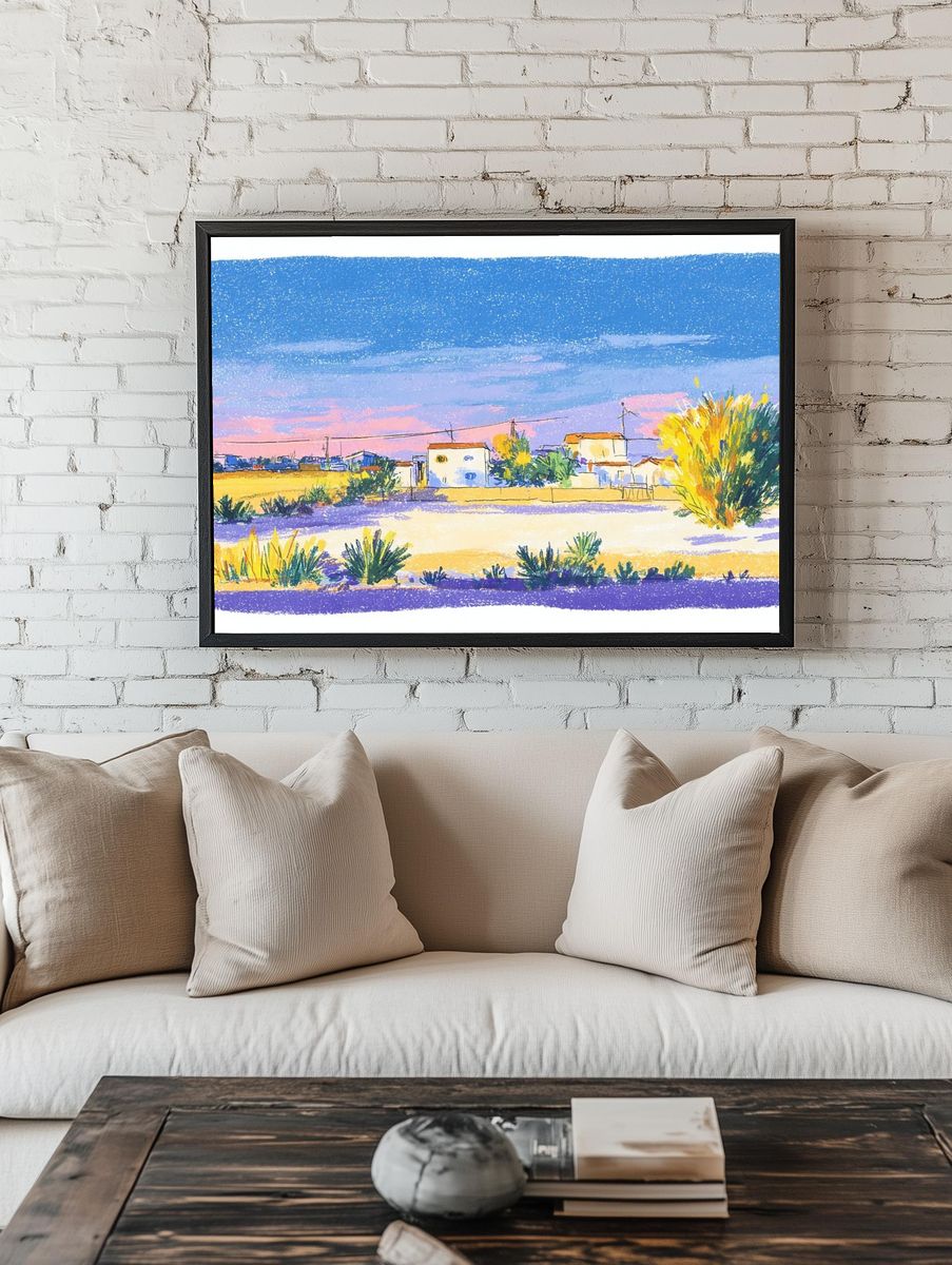 Desert Village Sunset Watercolor Print. — room view 1