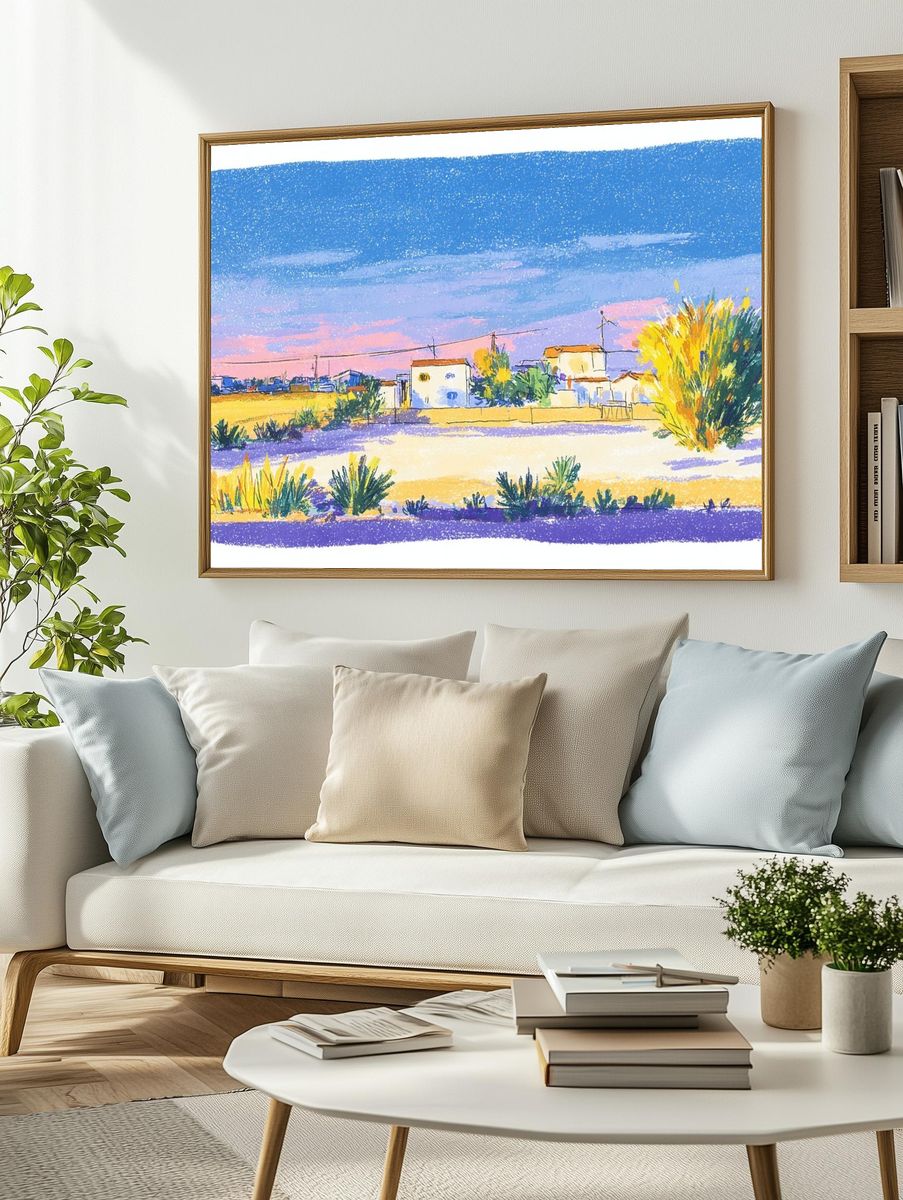 Desert Village Sunset Watercolor Print. — room view 2